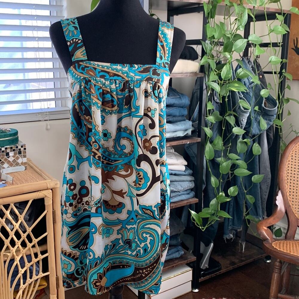 Vintage Y2K Veronica M Paisley Babydoll Boho Hippie Chic Mini Tunic Tank Dress